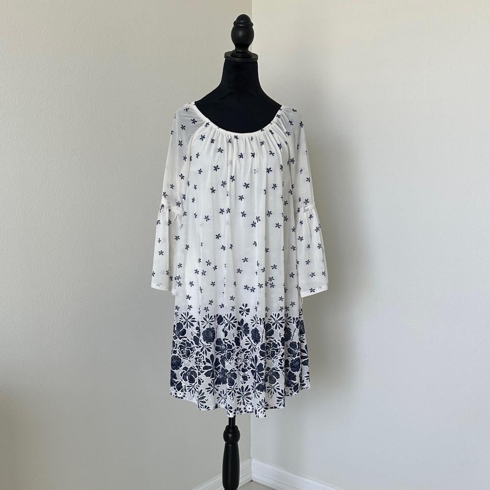 Elegant White and Blue Floral Dress